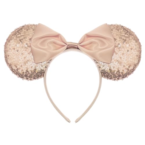 Oblique Unique Haarreifen mit Maus Ohren und Satin Schleife Pailletten Haarreif Mouse Kostüm Accessoire für Mädchen Damen Fasching Karneval Motto Party (Roségold) von Oblique Unique