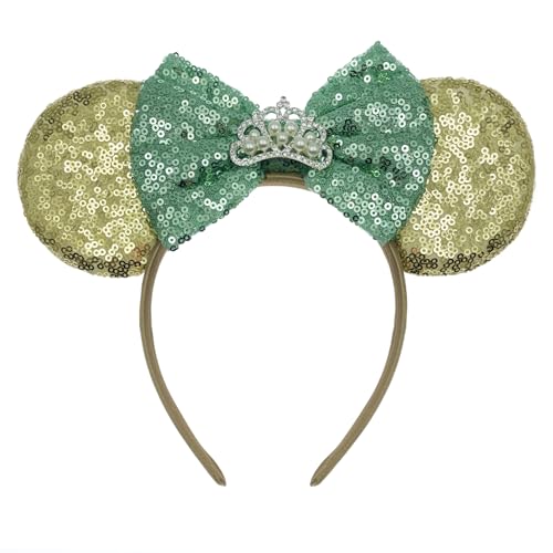 Oblique Unique Haarreifen mit Maus Ohren und Schleife Pailletten Krone Steinchen Perlen Haarreif Mouse Kostüm Accessoire für Mädchen Damen Fasching Karneval Motto Party (Gold - Minze) von Oblique Unique