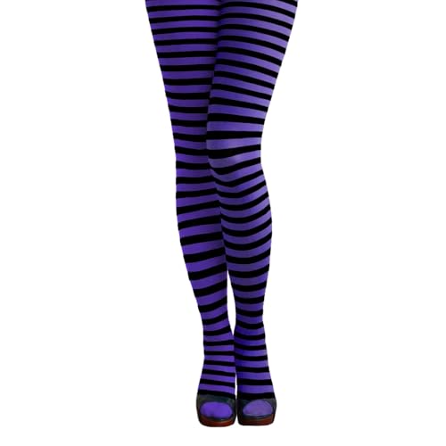 Oblique Unique Strumpfhose für Damen Lila mit schwarzen Streifen - Einheitsgröße - Kostüm Accessoire für Halloween Fasching Karneval Motto Party (Strumpfhose Ringel Schwarz-Lila) von Oblique Unique