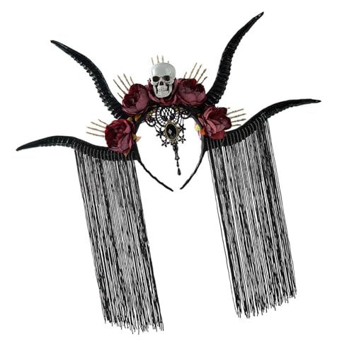 Obotsnoi Dunkler Gothic-Totenkopf-Antilopen-Horn, Haarreif mit Quasten, Punk-Haarteil für Halloween, Zubehör, Erwachsene, Teenager, Halloween, Blume, Kopfschmuck für Erwachsene Obotsnoi Dunkler Gothic-Totenkopf-Antilopen-Horn, Haarreif mit Quasten, Punk-Haarteil für Halloween, Zubehör, Erwachsene, Teenager, Halloween, Blume, Kopfschmuck für Erwachsene von Obotsnoi
