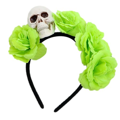 Obotsnoi Moderne Totenkopf-Kopfbedeckung mit künstlichen Blumen, Kostüme, Halloween, Cosplay, Haarschmuck für Frauen und Mädchen, wiederverwendbar, Halloween-Haar-Accessoire von Obotsnoi