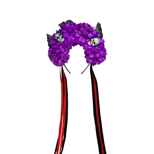 Obotsnoi Moderner Totenkopf-Kopfschmuck mit künstlichen Blumen, Kostüme, Halloween-Haarschmuck, modisches Haar-Accessoire, praktisches Blumenschädel-Stirnband von Obotsnoi