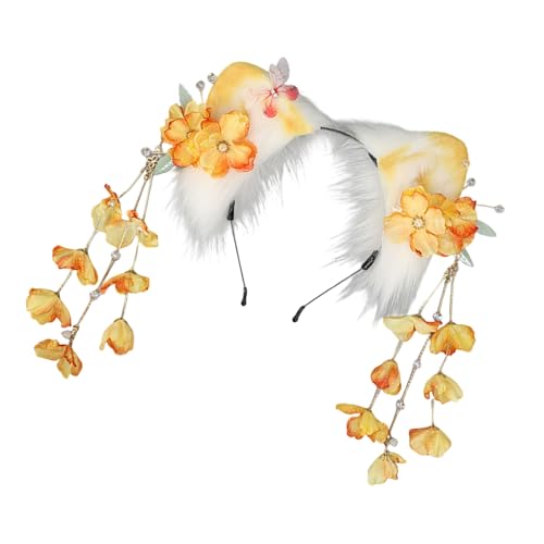 Obotsnoi Verstellbares Plüsch-Ohr-Stirnband mit floralen Quasten für Cosplay, Anime-Partys, Damen, Mädchen, Halloween-Kostüm, Zubehör, Rollenspiel, Haarreifen für Frauen von Obotsnoi