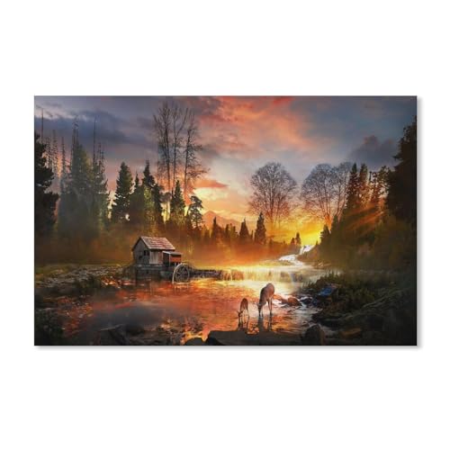 1000 Stück Puzzle，Sonnenuntergang Landschaft Fluss Hirsch Tier，Erwachsene Kinder Papier Spielzeug Lernspiel（38x26cm）-233 von ObuMI