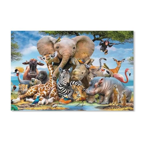 1000-Stück Puzzle Für Erwachsene Und Kinder-Holz Puzzle，Tier Elefant Giraffe Löwe，Familie Interaktive Spiele Große Ferien Freizeit(75x50cm-D22 von ObuMI