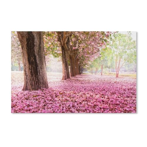 Karton Puzzle 1000 Stück，Bäume, Straße, viele rosa Blumen auf dem Boden，Erwachsene Kinder Spielzeug Dekompression Spiel（38x26cm）-A6 von ObuMI