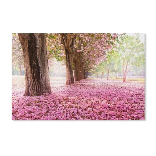 Karton Puzzle 1000 Stück，Bäume, Straße, viele rosa Blumen auf dem Boden，Erwachsene Kinder Spielzeug Dekompression Spiel（50x70cm）-A6 von ObuMI