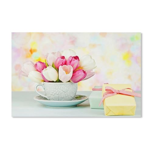 Puzzle 1000 Teile Erwachsene，Weiße und rosa Tulpen, Tasse，Holz Puzzle（75x50cm）-A397 von ObuMI