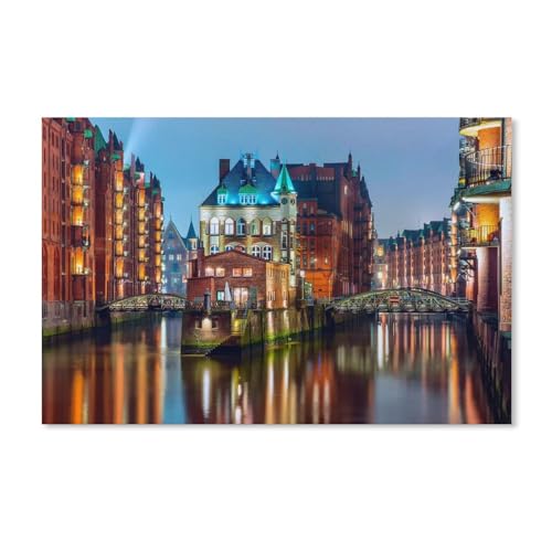 Puzzle 1000 Teile Erwachsene Puzzle Holz Puzzle Klassisches 3D Puzzle，Deutschland, Hamburg, Lichter, Brücke, Häuser, Fluss，DIY Collectibles Moderne Wohnkultur（75x50cm）-338 von ObuMI