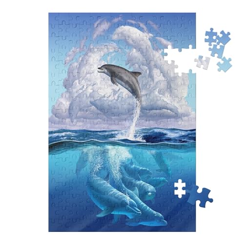 Puzzle 1000 Teile Landschaft Erwachsene Puzzle Holz Puzzle 3D Klassisches Puzzle，Delfine Spielen，DIY Moderne Kunst Hauptdekor（75x50cm）-110 von ObuMI