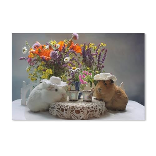 Zwei Meerschweinchen Trinken Kaffee, Blumen，Puzzles für Erwachsene 100 Teile, Puzzle Schwierig für Teenager Freizeit Spaß Spiel Spielzeug Geeignet für Familie Freunde Dekorativ（45.5x35.5cm）-A205 von ObuMI