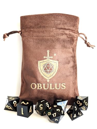 OBULUS 7 Stück Polyedrische Würfel RPG (D4-D6-D8-D10-D12-D20-D%) - Rollenspiel-Würfel schwarz & gold mit Samtbeutel - Zubehör DND, Pathfinder, JDR, Tischspiele von Obulus