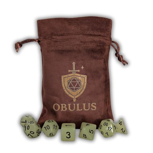 OBULUS 7 Stück Polyedrische Würfel RPG (D4-D6-D8-D10-D12-D20-D%) – grün phosphoreszierend/fluoreszierende Rollenspiel-Würfel mit Samtbeutel – Zubehör DND, Pathfinder, JDR, Tischspiele von Obulus