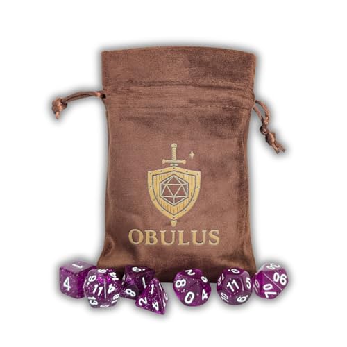 OBULUS Polyedrische Würfel, 7 Stück, RPG (D4-D6-D8-D10-D12-D20-D%) – Lila Glitzer Rollenspiel-Würfel mit Samtbeutel, Zubehör DND, Pathfinder, JDR, Tischspiele von Obulus