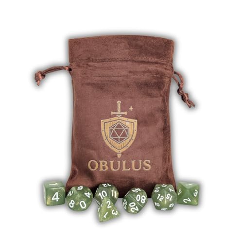 Set mit 7 polyedrischen Würfeln, grün glitzernd, mit Samtbeutel von OBULUS – D & D, Pathfinder, Rollen- und Gesellschaftsspiele von Obulus