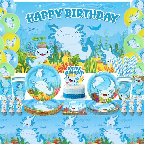 Obussgar Axolotl Geburtstagsparty-Dekorationen - Axolotl Partyzubehör einschließlich Hintergrundplatte, Tortenaufsatz, Tasse, Serviette, Ballon, Tischdecke - Serves 20 (BJ) von Obussgar