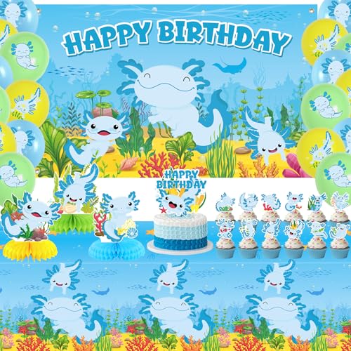 Obussgar Axolotl Geburtstagsparty-Dekorationen in Blau – Axolotl Partyzubehör einschließlich Happy Birthday-Hintergrund, Spiralen, Kuchenaufsätze, Tischaufsätze, Luftballons (BJ) von Obussgar