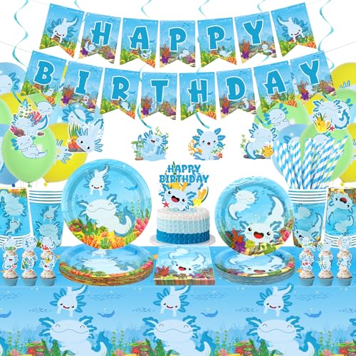 Obussgar Blaue Axolotl Geburtstagsparty-Dekorationen - Axolotl Partyzubehör einschließlich Banner, Teller, Tortenaufsatz, Tasse, Serviette, Ballon, Tischdecke - Serves 20 (LQ) von Obussgar