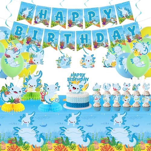 Obussgar Blaue Axolotl Geburtstagsparty-Dekorationen – Axolotl Partyzubehör einschließlich Happy Birthday Banner, Spiralen, Kuchenaufsätze, Tischaufsätze, Luftballons (LQ) von Obussgar