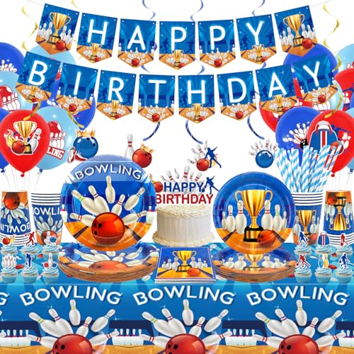 Obussgar Bowling Geburtstag Party Dekorationen Bowling Party Supplies einschließlich Banner, Teller, Tortenaufsatz, Tasse, Serviette, Ballon, Tischdecke - Serves 20 (LQ) von Obussgar