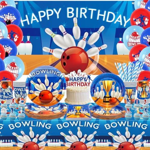 Obussgar Bowling-Geburtstagsparty-Dekorationen – Bowling-Partyzubehör einschließlich Hintergrund, Teller, Tortenaufsatz, Tasse, Serviette, Ballon, Tischdecke – serviert 20 (BJ) von Obussgar