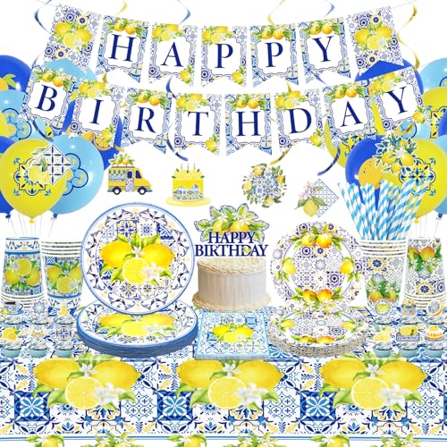 Obussgar Capri Lemon Geburtstag Party Dekorationen - Capri Lemon Party Supplies einschließlich Banner, Teller, Tortenaufsatz, Tasse, Serviette, Ballon, Tischdecke - Serves 20 (LQ) von Obussgar