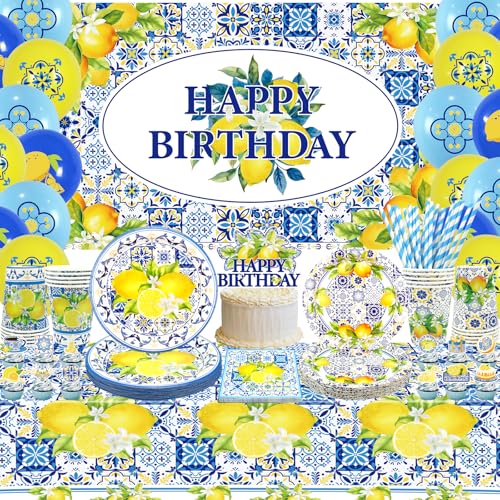 Obussgar Capri Lemon Geburtstagsparty-Dekorationen – Capri-Zitronen-Partyzubehör einschließlich Hintergrund, Teller, Tortenaufsatz, Tasse, Serviette, Ballon, Tischdecke – serviert 20 (BJ) von Obussgar