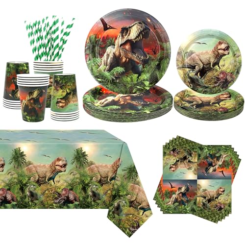 Obussgar Dinosaurier Geburtstag Party Dekorationen - Dinosaurier Party Supplies einschließlich Teller, Becher, Serviette, Strohhalm, Tischtuch (20) von Obussgar