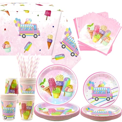 Obussgar Eiscreme Party Decorations - Ice Cream Partygeschirr inklusive Teller, Tassen, Servietten, Tischdecken, Strohhalme - für 20 Personen (Eiscreme) von Obussgar