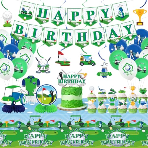 Obussgar Golf-Geburtstagsparty-Dekorationen – Golf-Partyzubehör einschließlich Happy Birthday-Banner, Spiralen, Kuchenaufsätze, Tischaufsätze, Luftballons (LQ) von Obussgar
