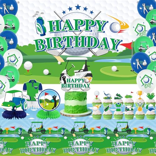 Obussgar Golf-Geburtstagsparty-Dekorationen – Golf-Partyzubehör einschließlich Happy Birthday-Hintergrund, Spiralen, Kuchenaufsätze, Tischaufsätze, Luftballons (BJ) von Obussgar