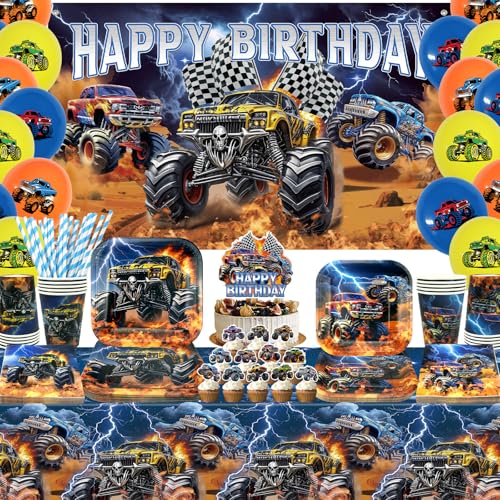 Obussgar Monster Truck Geburtstagsparty Dekorationen - Monster Truck Party Supplies einschließlich Banner, Teller, Tortenaufsatz, Tasse, Serviette, Ballon, Tischdecke - Serves 20 (BJ) von Obussgar