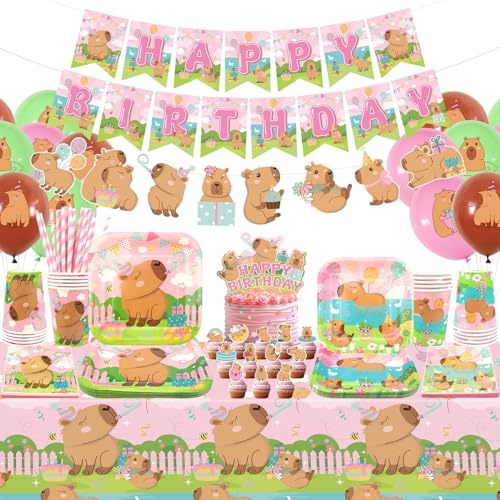 Obussgar Pink Capybara Geburtstag Party Dekorationen - Capybara Party Supplies einschließlich Banner, Teller, Tortenaufsatz, Tasse, Serviette, Ballon, Tischdecke - Serves 20 (LQ) von Obussgar