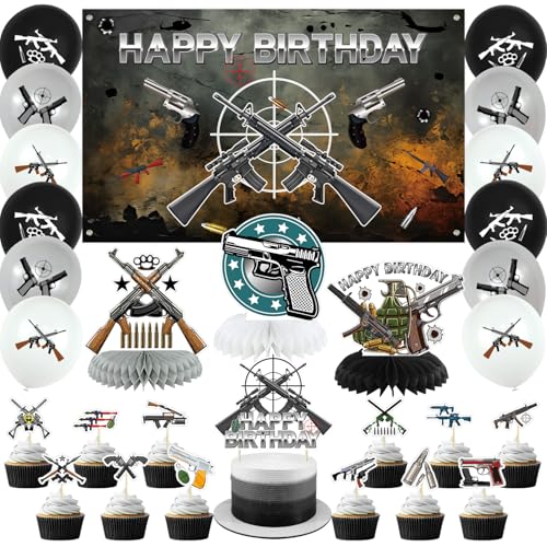 Obussgar Pistolen-Geburtstagsparty-Dekorationen – Pistolen-Partyzubehör einschließlich Happy Birthday-Hintergrund, Spiralen, Kuchenaufsätze, Tischaufsätze, Luftballons (BJ) von Obussgar