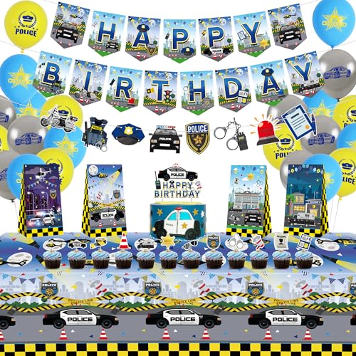 Obussgar Polizei Geburtstag Party Dekorationen - Polizei Party Supplies einschließlich HAPPY BIRTHDAY Banner, Kuchen Topper, Geschenk-Taschen, Luftballons, Tischdecke für Kindergeburtstag Party Obussgar Polizei Geburtstag Party Dekorationen - Polizei Party Supplies einschließlich HAPPY BIRTHDAY Banner, Kuchen Topper, Geschenk-Taschen, Luftballons, Tischdecke für Kindergeburtstag Party von Obussgar