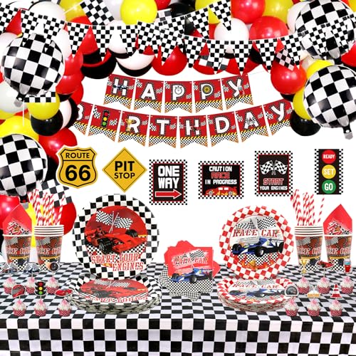 Obussgar Racing Car Geburtstag Dekorationen - Supplies einschließlich Banner, Teller, Tassen, Servietten, Tischdecke, Luftballons für Auto Party - für 20 Gäste (B) von Obussgar