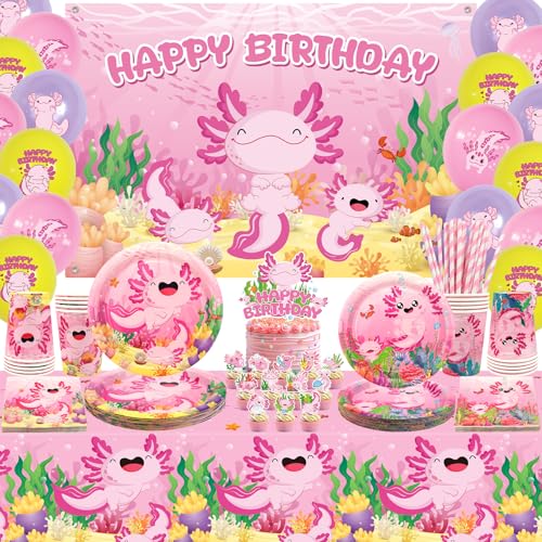 Obussgar Rosa Axolotl Geburtstag Party Dekorationen - Axolotl Partyzubehör einschließlich Banner, Teller, Tortenaufsatz, Tasse, Serviette, Ballon, Tischdecke - Serves 20 (BJ) von Obussgar