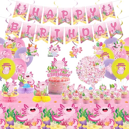Obussgar Rosa Axolotl Geburtstagsparty-Dekorationen – Axolotl Partyzubehör einschließlich Happy Birthday Banner, Spiralen, Tortenaufsätze, Tischaufsätze, Luftballons (LQ) von Obussgar