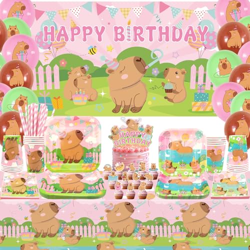 Obussgar Rosa Capybara Geburtstagsparty-Dekorationen – Capybara Partyzubehör einschließlich Hintergrund, Teller, Kuchenaufsatz, Tasse, Serviette, Ballon, Tischdecke – serviert 20 (BJ) von Obussgar