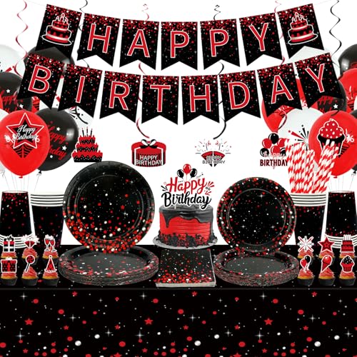 Obussgar Rot Schwarz Geburtstag Party Dekorationen - Rot Schwarz Partyzubehör einschließlich Banner, Teller, Tortenaufsatz, Tasse, Serviette, Ballon, Tischdecke - Serves 20 (LQ) von Obussgar