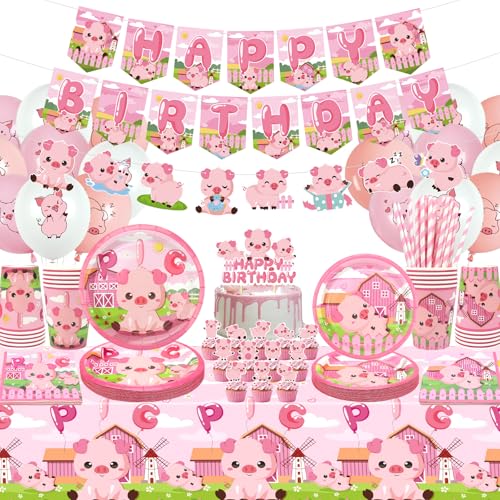 Obussgar Schwein Geburtstag Party Dekorationen - Pink Pig Party Supplies einschließlich Banner, Teller, Tortenaufsatz, Tasse, Serviette, Ballon, Tischdecke für Schwein Party Dekoration - Serves 20 (L) von Obussgar