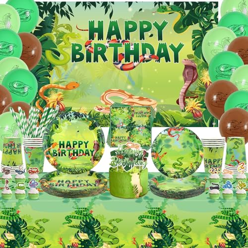 Obussgar Snake Birthday Party Dekorationen - Snake Party Zubehör einschließlich Kulisse, Teller, Cake Topper, Tasse, Serviette, Ballon, Tischdecke - 20 Personen (BJ) von Obussgar