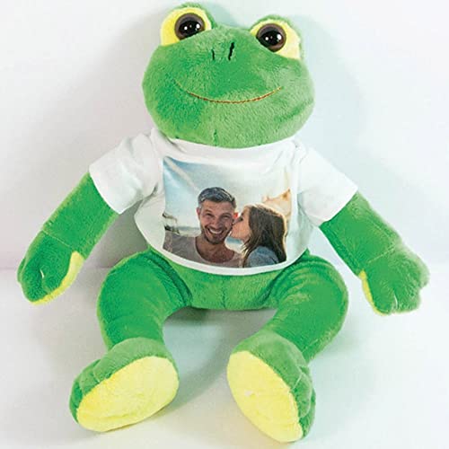 Ocadeau Plüschfrosch mit Foto personalisierbar - Froschkuscheltier grün gekleidet mit weißen T-Shirt zum Bedrucken – Personalisierbarer Frosch-Plüschtier von Ocadeau