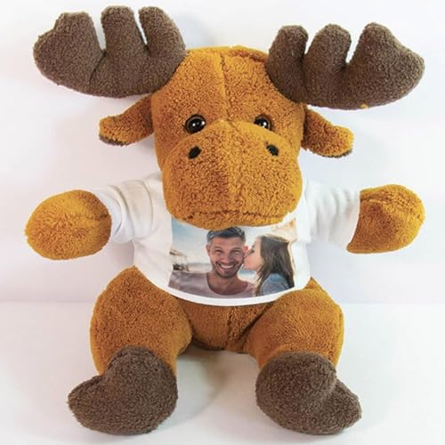 Ocadeau Plüschhirsch mit Foto personalisierbar - Weißes T-Shirt des Hirschkuscheltiers mit Foto bedruckbar - Personalisierbarer Plüschtierhirsch/elch von Ocadeau