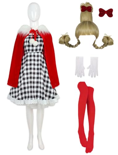 Cindy Lou Who-Kostüm für Damen und Mädchen, Cindy Lou, Who-Kleid mit Perücke, Kapuzenmantel, Halloween, Cosplay, Outfits (Erwachsene, XS) von Occipa