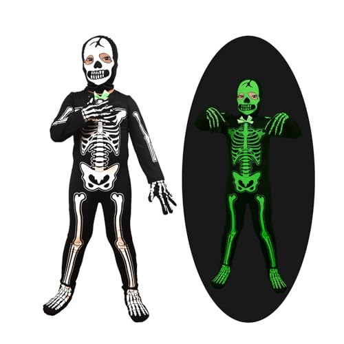 Occtingkind Halloween Skelett Kostüm für Kinder, Glühen im Dunkeln, Mit Kapuze Handschuhe und Fußsäcke, Gruselige Halloween Kostüme, für Jungen Mädchen (M) von Occtingkind