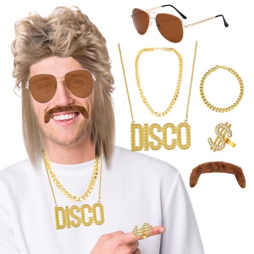 80er Jahre Outfit Herren Perücken Set,7 Stück Vokuhila PerüCke Herren 70er 80er,80er Jahre Outfit Herren Mit Goldkette, Sonnenbrille, Schnurrbart, Goldring für Fasching Halloween Kostüm Party 80er Jahre Outfit Herren Perücken Set,7 Stück Vokuhila PerüCke Herren 70er 80er,80er Jahre Outfit Herren Mit Goldkette, Sonnenbrille, Schnurrbart, Goldring für Fasching Halloween Kostüm Party von Occtingkind