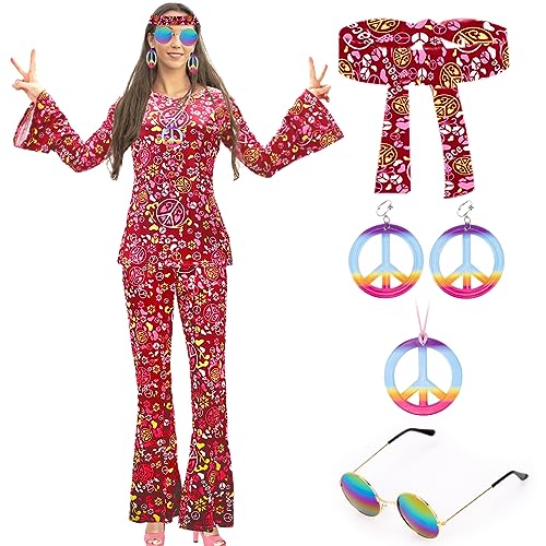 60er 70er Jahre Bekleidung Damen mit Hippie Oberteil Schlaghose Damen Accessoires, Disco Outfit Kostüm Damen Hippie Kleidung 70er Mode Flower Power Kleidung Damen Faschingskostüm Mädchen （XXL） von Occzin
