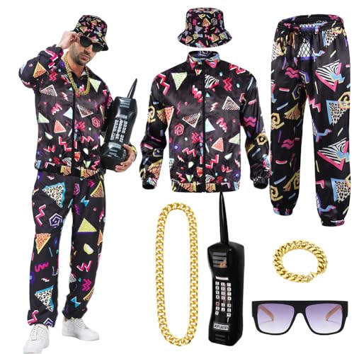 80er 90er Jahre Outfit Herren Damen, 7 Stück 80er Jahre Kostüm Trainingsanzug Hippie Faschingskostüme mit Jacke Hose Goldkette Hüte Armbänder Brille Aufblasbare Mobiltelefon für Karneval Disco Party 80er 90er Jahre Outfit Herren Damen, 7 Stück 80er Jahre Kostüm Trainingsanzug Hippie Faschingskostüme mit Jacke Hose Goldkette Hüte Armbänder Brille Aufblasbare Mobiltelefon für Karneval Disco Party von Occzin