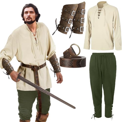 Herren Renaissance Kostüm 5PCS Mittelalter Retro Viking Langarm Shirts, Grün Knöchel Gebänderte Hosen, PU Leder Schnalle Armschienen, Wikinger Gürtel Zubehör für Halloween Pirat Hippie Cosplay Party Herren Renaissance Kostüm 5PCS Mittelalter Retro Viking Langarm Shirts, Grün Knöchel Gebänderte Hosen, PU Leder Schnalle Armschienen, Wikinger Gürtel Zubehör für Halloween Pirat Hippie Cosplay Party von Occzin